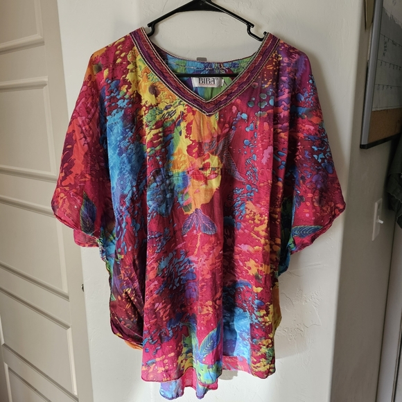 BIBA Vintage Rainbow Watercolor Style Abstract Paint Splatter Batwing Top - Picture 2 of 16